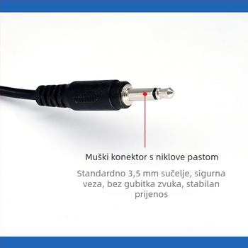 Audio kabel 3,5 mm, ravni muški konektor, duljina 2 m, promjer 3 mm, jezgro od čiste bakrene žice