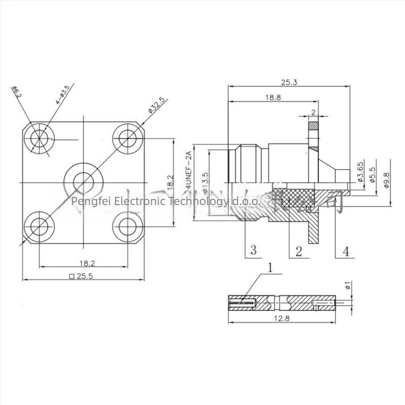 RF koaksijalni priključak N-KFB3, samica, prirubnica s četiri otvora, PTFE izolator
