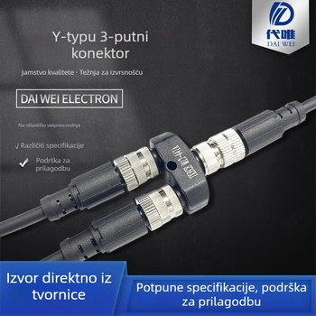 M12 Y-tip konektor za senzor, 5-pinski, 1:2 razvodnik, kabel 222 mm, pozlaćeni kontakti od mesinga, izolacija od najlona