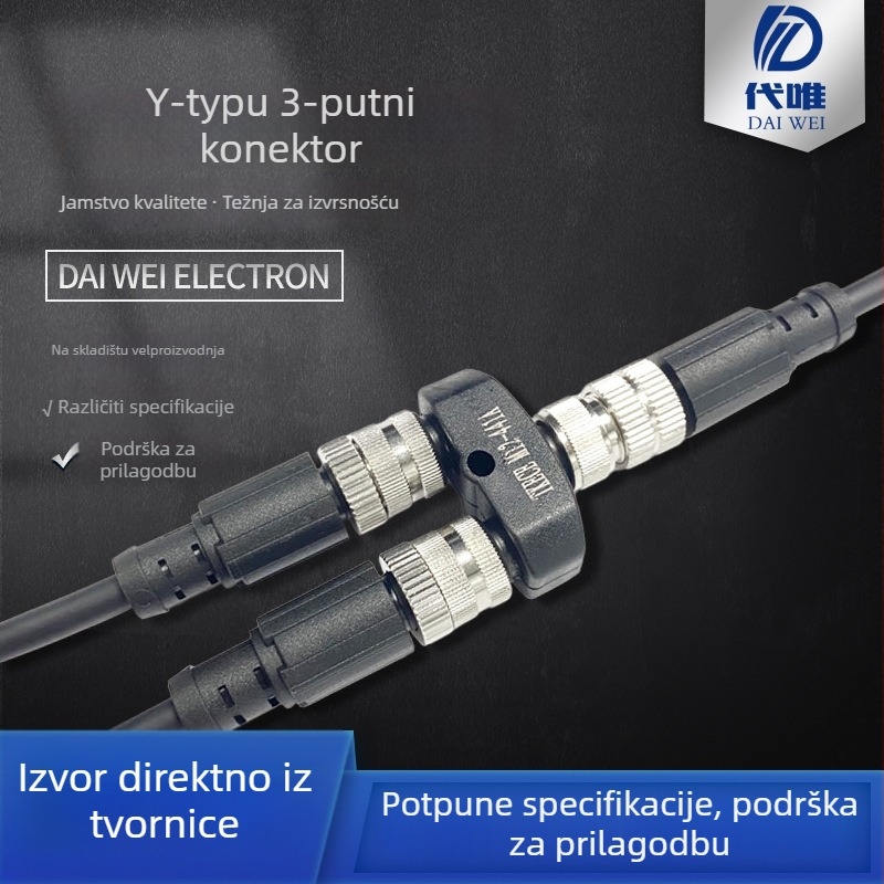M12 Y-tip konektor za senzor, 5-pinski, 1:2 razvodnik, kabel 222 mm, pozlaćeni kontakti od mesinga, izolacija od najlona
