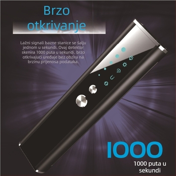 Detektor kamera, ručni bežični skener protiv nadzora s infracrvenom detekcijom; model KT2, frekvencijski raspon 1-8000, alarm zvuk i vibracije, napajanje 3.7 V, domet 0.1-10.