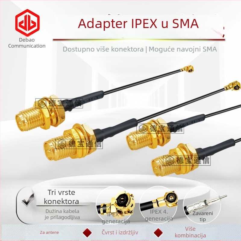 IPEX–SMA ženski adapter kabel za antenu, 0–3 GHz, 50 Ω, SWR ≤1.5, dobitak 3 dB, duljina 15 cm