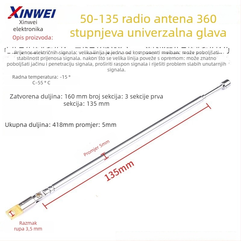 Xinwei teleskopsku antenu za Walkie-Talkie i FM radio, priključak BNC7-114, jačina signala