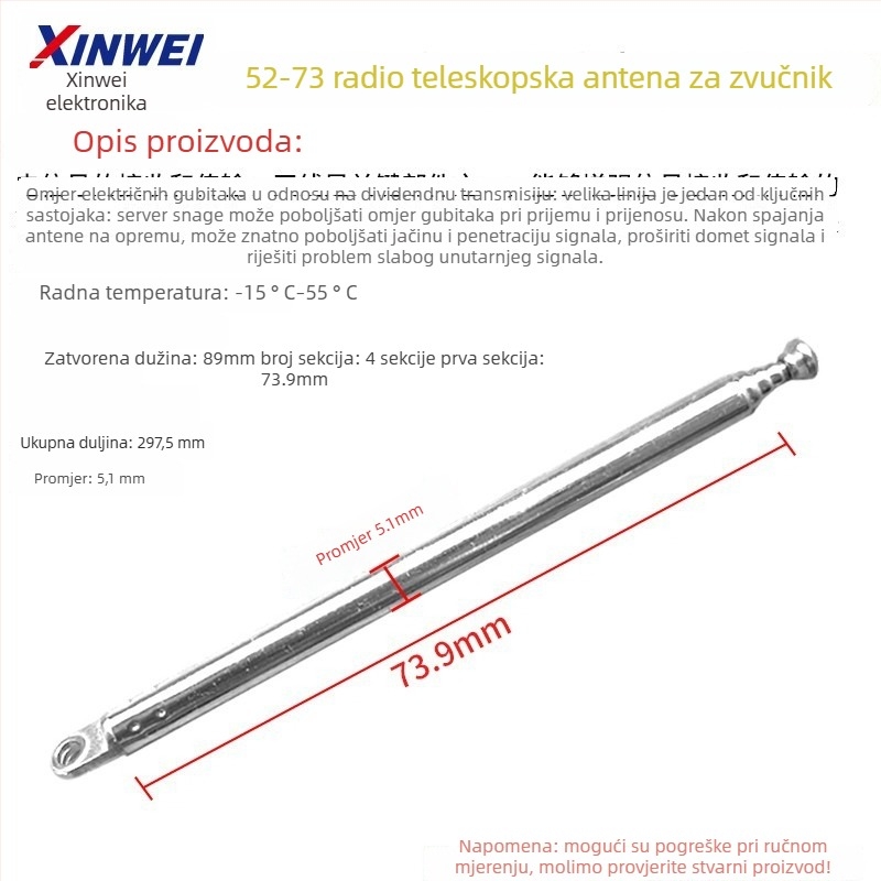 Xinwei teleskopsku antenu za Walkie-Talkie i FM radio, priključak BNC7-114, jačina signala