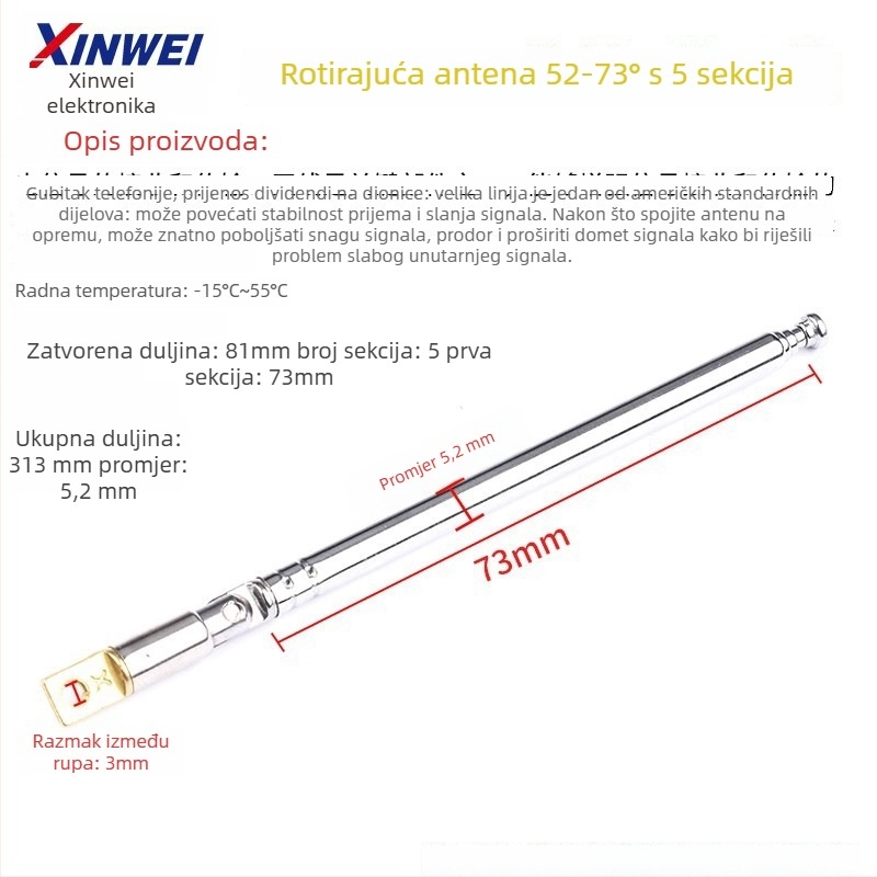 Xinwei teleskopsku antenu za Walkie-Talkie i FM radio, priključak BNC7-114, jačina signala