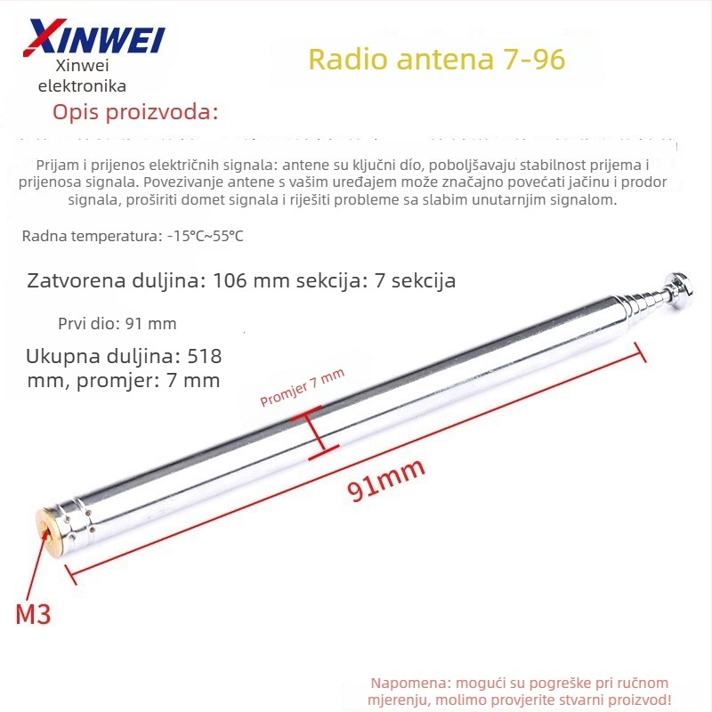 Xinwei teleskopsku antenu za Walkie-Talkie i FM radio, priključak BNC7-114, jačina signala