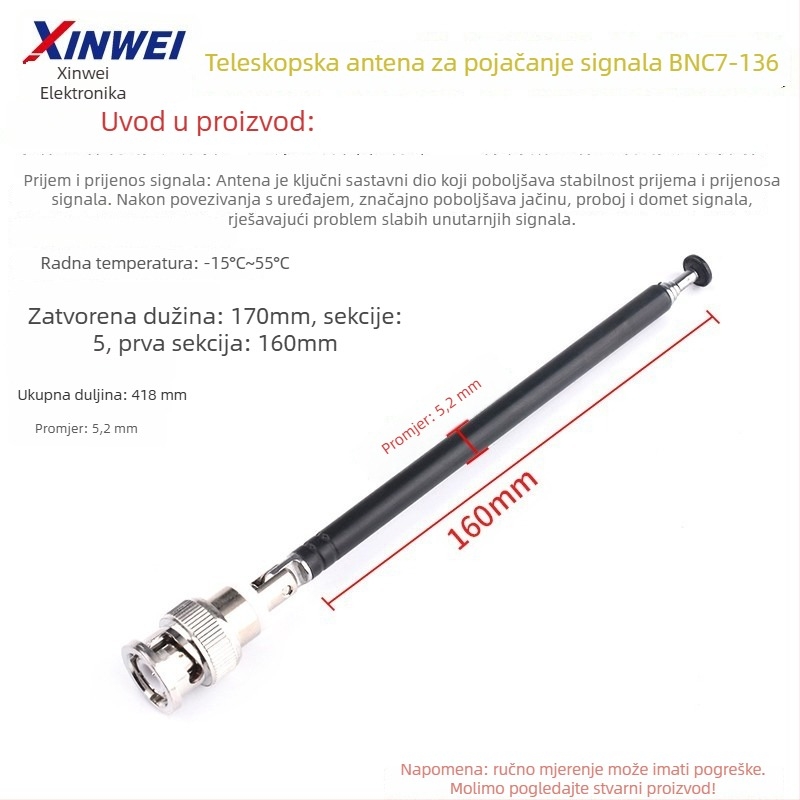 Xinwei teleskopsku antenu za Walkie-Talkie i FM radio, priključak BNC7-114, jačina signala