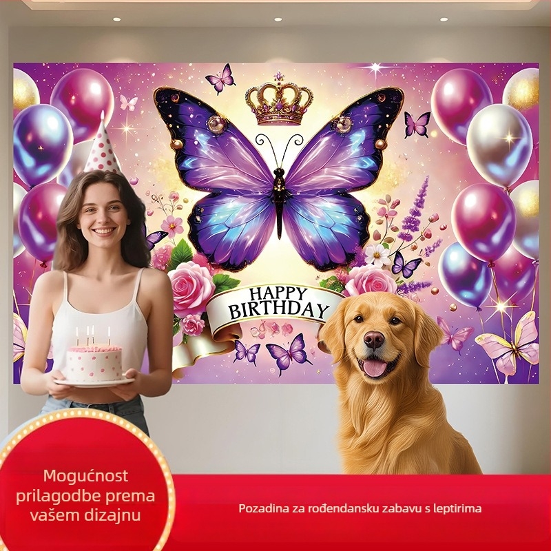 Pozadina za rođendansku zabavu s motivom leptira, poliester materijal, Stil 28905, Pozadina za rođendan, rekvizita za uređenje prostora