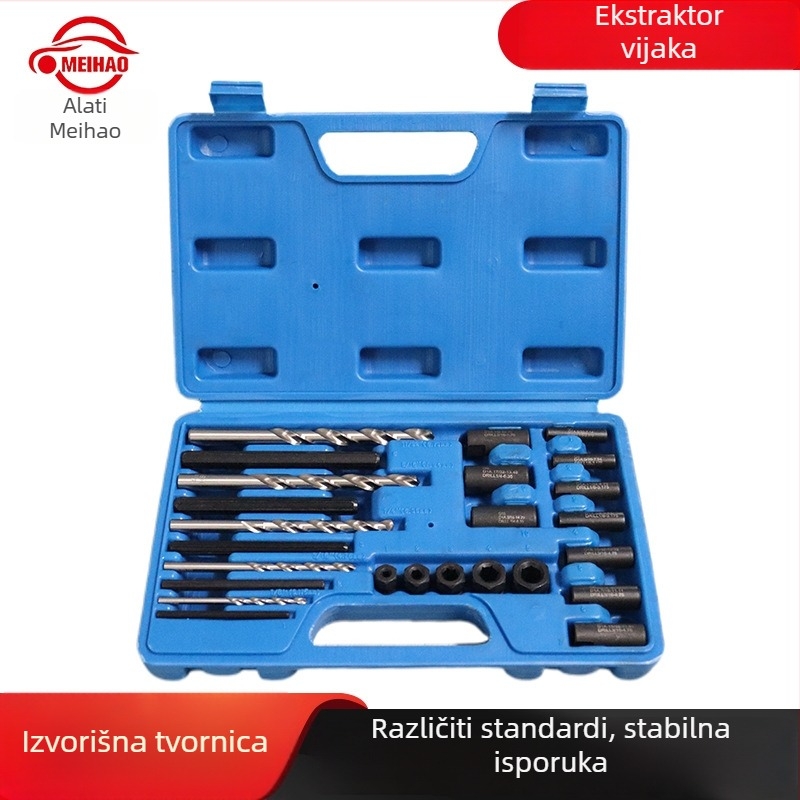 Set ekstraktora vijaka s grubim navojem i inverznim navojem za uklanjanje slomljenih vijaka i šrafova; od karbonskog čelika; uključuje 4241 visoko brzinski čelik, ležajni čelik i 45# čelik.