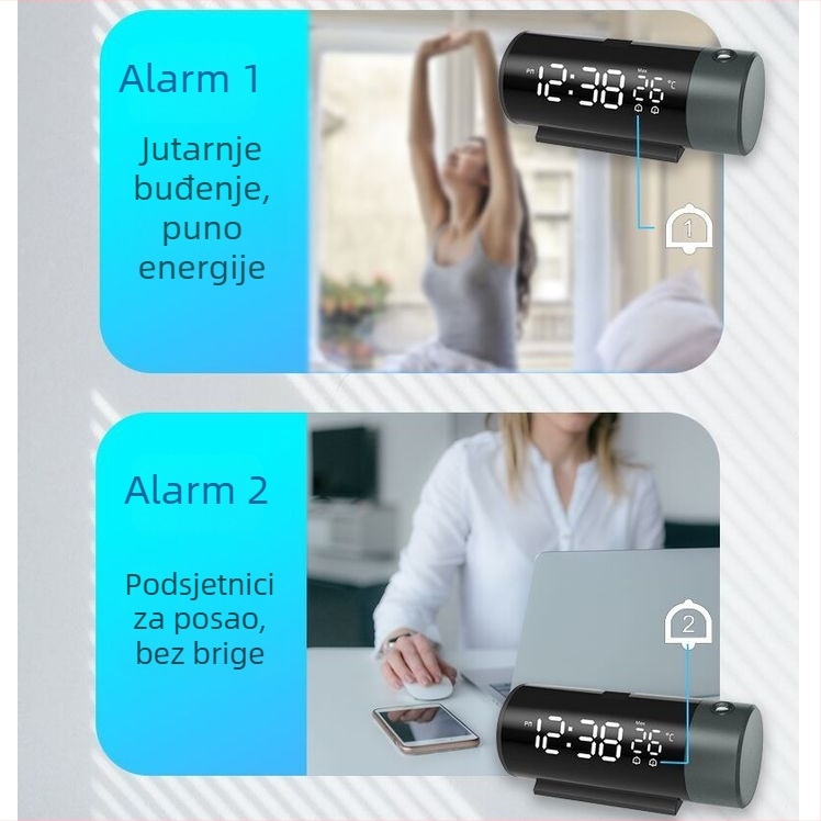 LED projekcijski sat s USB napajanjem, dvostruka budilica, prikaz vremena i temperature