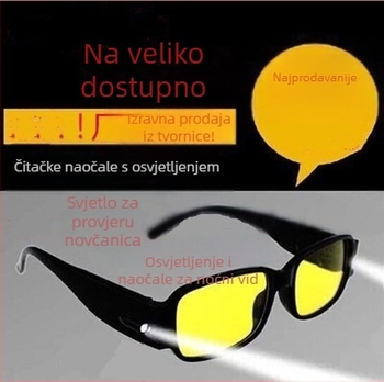 Čitačke naočale s LED rasvjetom, noćni vid, puna rama, leće otporne na eksploziju, za blizinu i daljinu