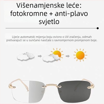 Naočale za čitanje bez okvira, metalna konstrukcija, leće od smole, model 8002, funkcija leća: diskoloracija