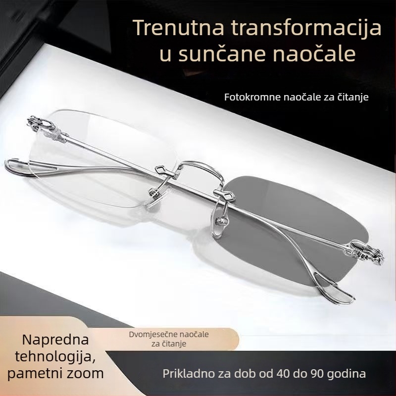 Naočale za čitanje bez okvira, metalna konstrukcija, leće od smole, model 8002, funkcija leća: diskoloracija