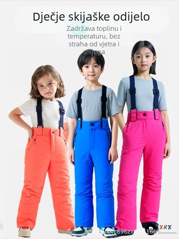 Dječje skijaške hlače s naramenicama – vodootporne, otporne na vjetar, prozračne, brzo se suše, tople; materijal: poliester; punilo: svilno vlakno