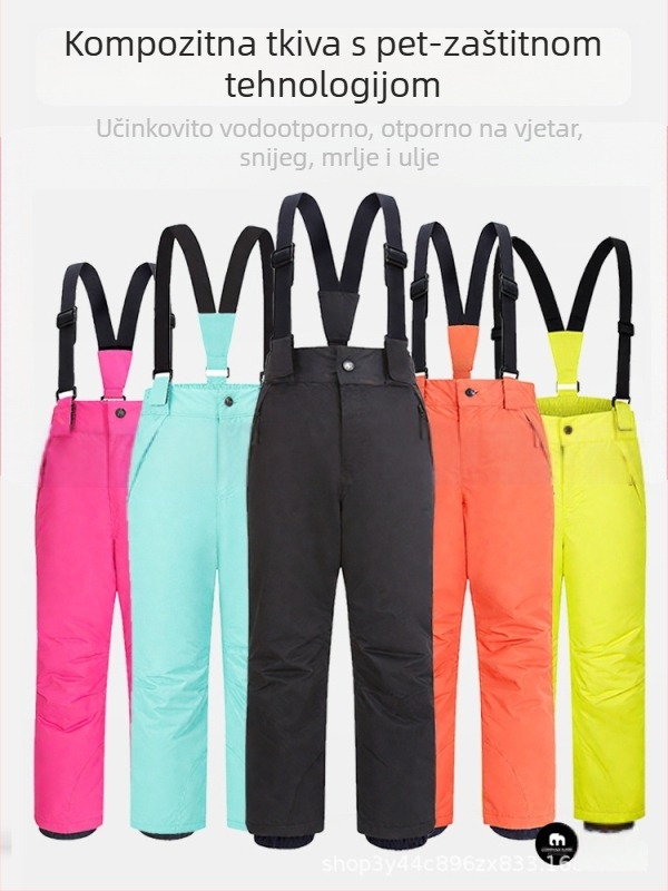 Dječje skijaške hlače s naramenicama – vodootporne, otporne na vjetar, prozračne, brzo se suše, tople; materijal: poliester; punilo: svilno vlakno