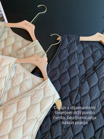 Ženski prsluk s perjem od bijele patke, dijamantno prešivanje, srednja debljina, V-izrez, duljina 50–65 cm