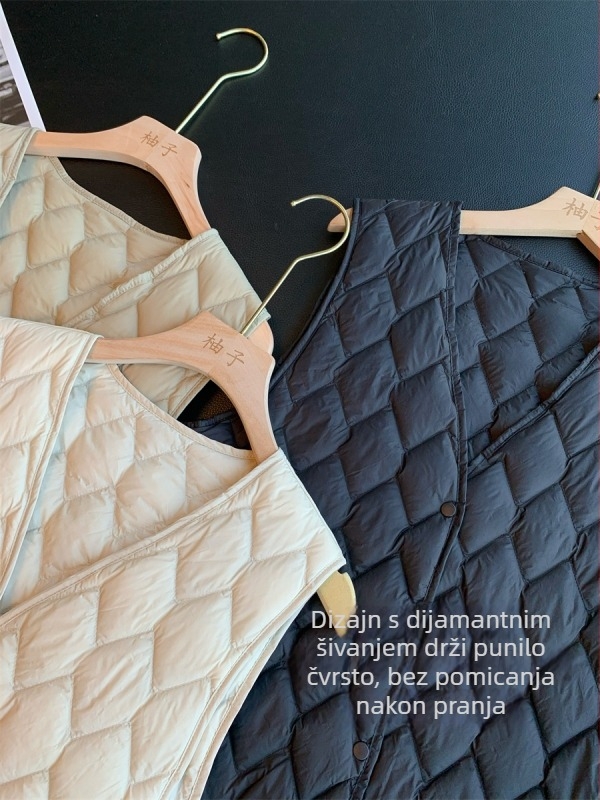 Ženski prsluk s perjem od bijele patke, dijamantno prešivanje, srednja debljina, V-izrez, duljina 50–65 cm