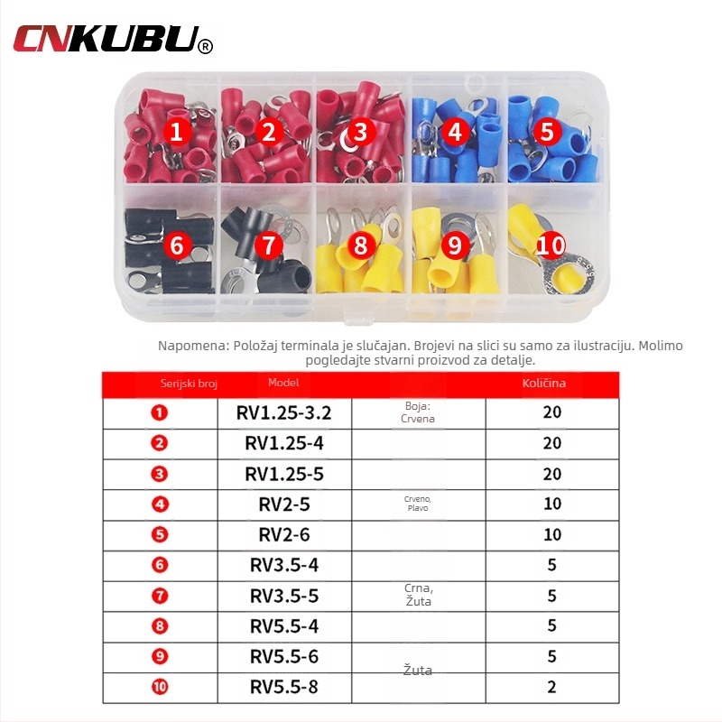 102 kom. kutija kružnih izoliranih krimp konektora, hladno presovani, završeci od mesinga s tinom