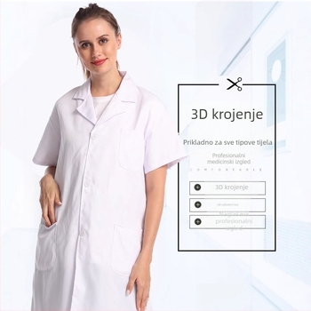 Bijeli pamukasti laboratorijski kaput za medicinsku njegu i rad u laboratoriju, dugi rukav, tisk loga (Materijal: pamuk; Glavna tkanina 35%; Podstava pamuk; Sadržaj podstava 35%)