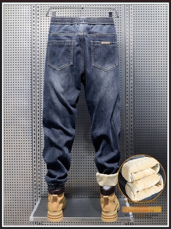 Muške traperice s flis podstavom, debeli denim; zimski harém jogger stil, srednja struka, zatvarač