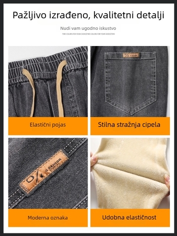 Muške traperice s flis podstavom, debeli denim; zimski harém jogger stil, srednja struka, zatvarač