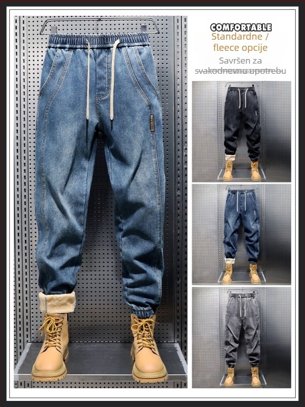 Muške traperice s flis podstavom, debeli denim; zimski harém jogger stil, srednja struka, zatvarač