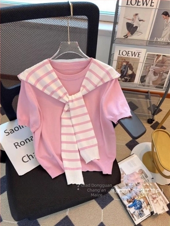 Ženski ljetni pleteni T‑shirt s kapuljačom, kratkih rukava, geometrijski uzorak, vlakno: vuna-viskoza 95%+