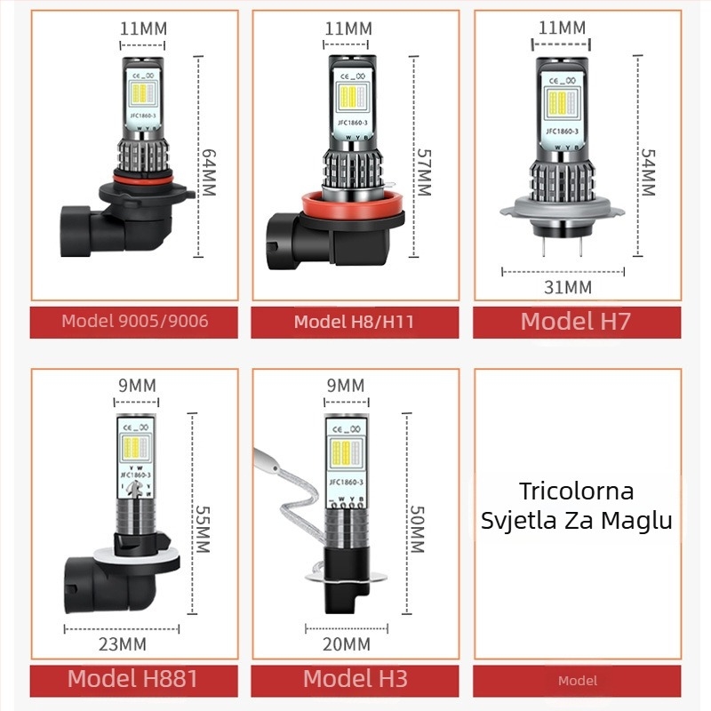 Novi model LED prednja svjetla za maglu, vodootporna, trobojne boje, kompatibilno s H7/H11/881/9006
