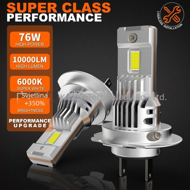 LED žarulja za auto svjetlo, izravno priključivanje, visoka svjetlost 10000 lm, univerzalna kompatibilnost (76W, 12–24V, IP68, 50000 h). Podržani modeli: H1, H4, H7, H11, 9005, 9006, 9012