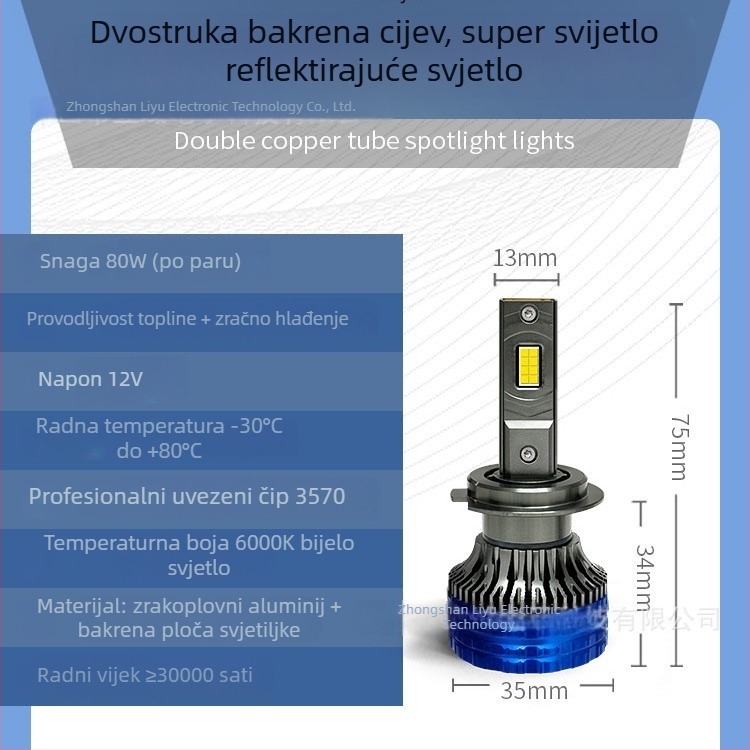 Automobilska LED prednja svjetla visokog sjaja s dvostrukim bakrenim cijevima, ultra jaka prednja svjetla za niski i visoki snop, kompatibilni H4/H7/H11
