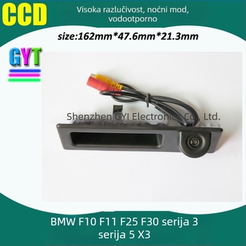 Kamera za vožnju unazad za BMW F10/F11/F25/F30, serije 3, 5 i X3 — 12V, kut gledanja 170°, rezolucija 648×480, kućište od ABS-a, zaslon