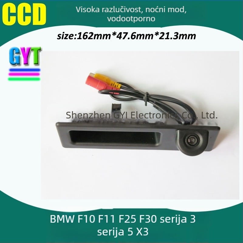 Kamera za vožnju unazad za BMW F10/F11/F25/F30, serije 3, 5 i X3 — 12V, kut gledanja 170°, rezolucija 648×480, kućište od ABS-a, zaslon