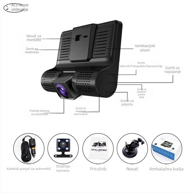 4-inčni automobilski DVR s tri kamere, prednja i stražnja kamera, 1080p HD noćni prikaz, ciklično snimanje