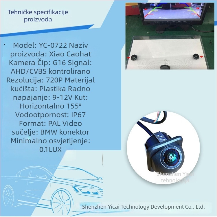 Stražnja kamera za automobil, AHD/CVBS, univerzalna, 12V, 180° kut gledanja, model YC-0722, kamera za desni mrtvi kut