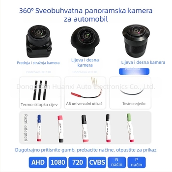 Univerzalna 360° panoramska kamera – podesivi kut od 210°, rezolucija 1920×1080, napajanje 5V, video signali: AHD720P/AHD1080P/CVBS-NTSC/CVBS-PAL/TVI1080P/TVI72