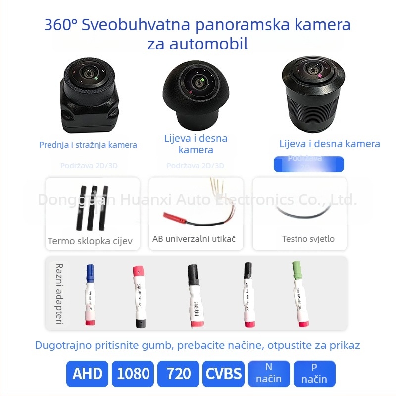 Univerzalna 360° panoramska kamera – podesivi kut od 210°, rezolucija 1920×1080, napajanje 5V, video signali: AHD720P/AHD1080P/CVBS-NTSC/CVBS-PAL/TVI1080P/TVI72
