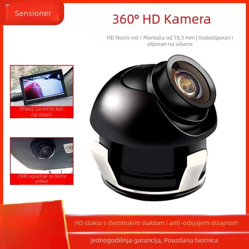 Auto kamera za vožnju unatrag, 360° pogled, podesiva, otvor za montažu 18,5 mm, prednji i bočni pogled, za praćenje mrtvih kutova