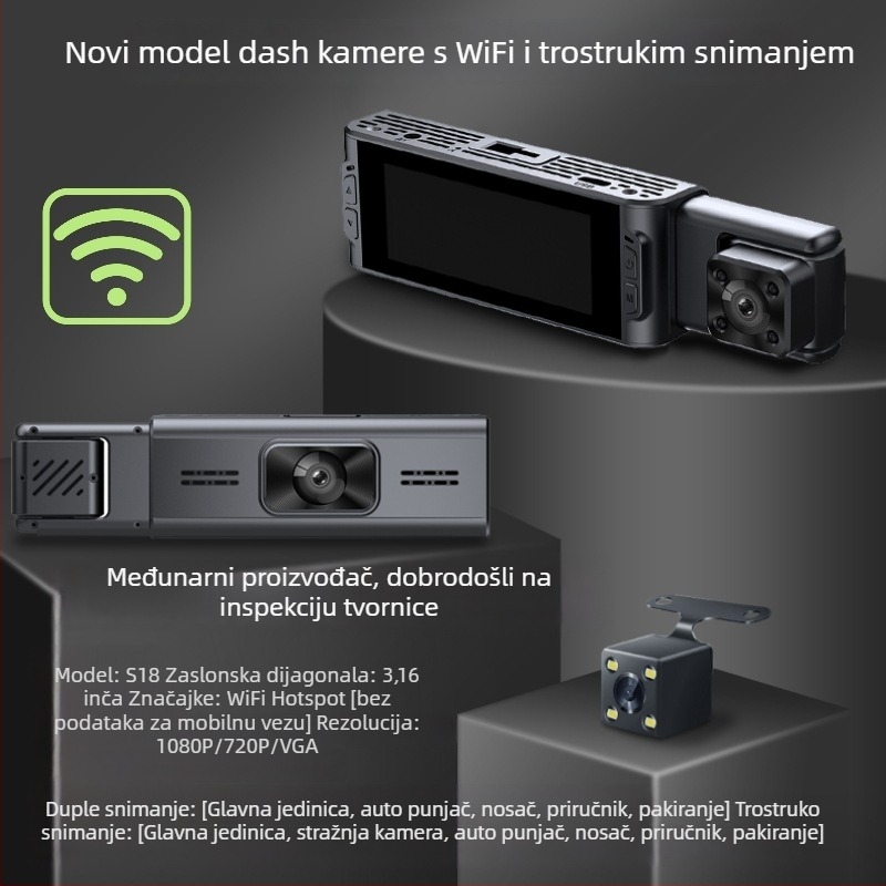 Automobilska kamera 1080p, 140° širokokutni snimak, trokanalno snimanje, Wi-Fi, nadzor parkiranja