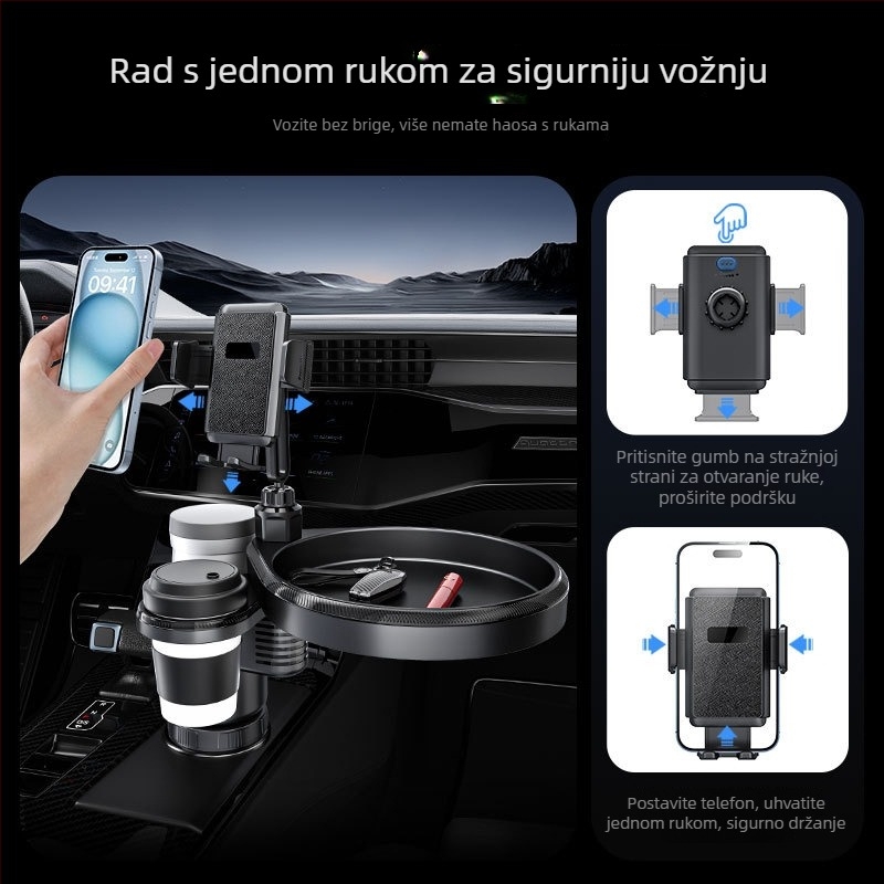 Mien Letu auto držač za čaše s pladnjem, univerzalna snap-on montaža, držač za telefon i organizator hrane i pića