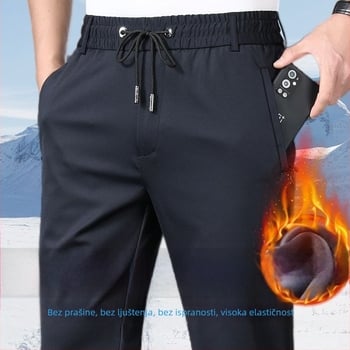 Muške casual hlače s fleece podstavom, ravni kroj – visok pas, zip, prugasti pleteni materijal