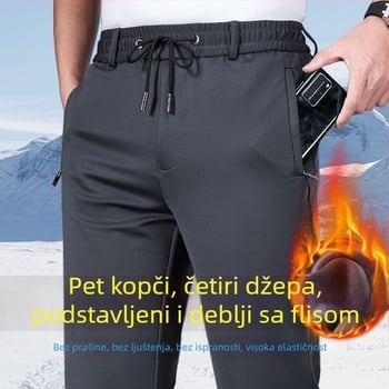 Muške casual hlače s fleece podstavom, ravni kroj – visok pas, zip, prugasti pleteni materijal