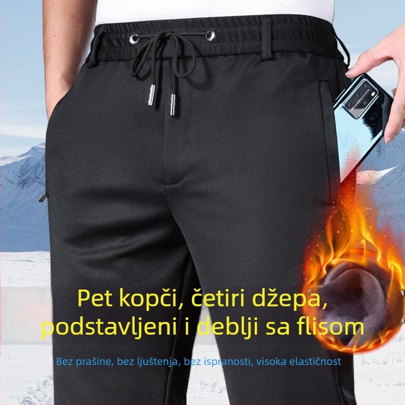 Muške casual hlače s fleece podstavom, ravni kroj – visok pas, zip, prugasti pleteni materijal