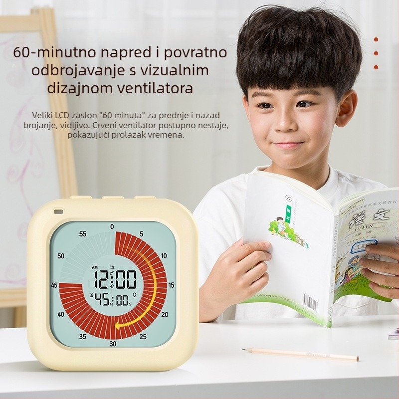 Vizualni mjerač vremena s alarmom za samodisciplinu učenika — Elektronički mehanizam, LCD zaslon, kvadratno plastično kućište, napajanje baterijom