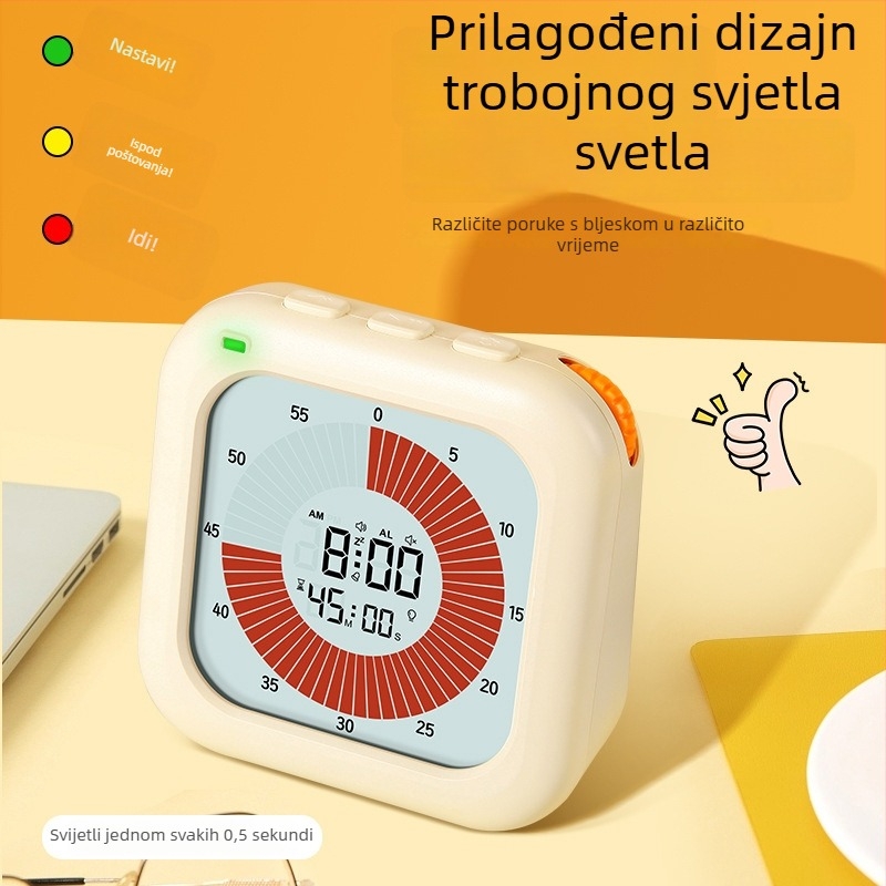 Vizualni mjerač vremena s alarmom za samodisciplinu učenika — Elektronički mehanizam, LCD zaslon, kvadratno plastično kućište, napajanje baterijom