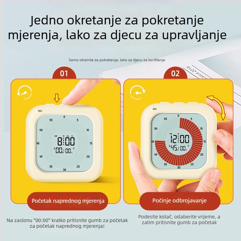 Vizualni mjerač vremena s alarmom za samodisciplinu učenika — Elektronički mehanizam, LCD zaslon, kvadratno plastično kućište, napajanje baterijom