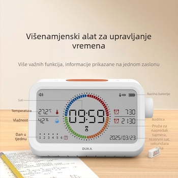 Duke višefunkcijski elektronički sat s alarmom, termometrom i higrometrom; LED zaslon s analognim pokazivačem i digitalnim prikazom; kvadratni oblik; napajanje baterijama; pogodno za spavaću sobu, studij i ured