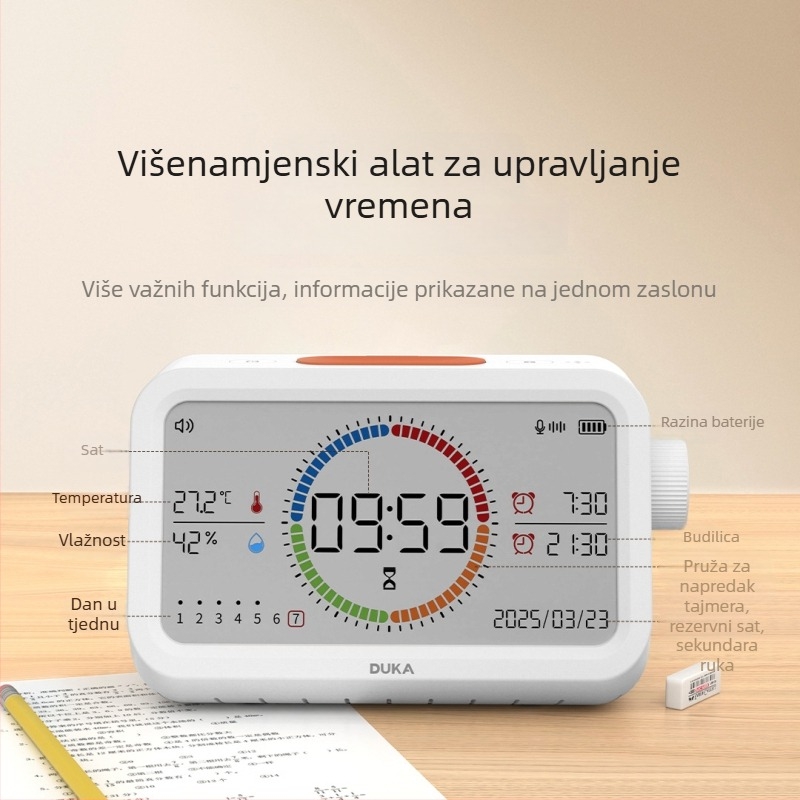 Duke višefunkcijski elektronički sat s alarmom, termometrom i higrometrom; LED zaslon s analognim pokazivačem i digitalnim prikazom; kvadratni oblik; napajanje baterijama; pogodno za spavaću sobu, studij i ured