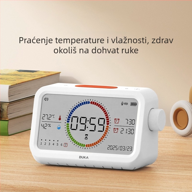 Duke višefunkcijski elektronički sat s alarmom, termometrom i higrometrom; LED zaslon s analognim pokazivačem i digitalnim prikazom; kvadratni oblik; napajanje baterijama; pogodno za spavaću sobu, studij i ured