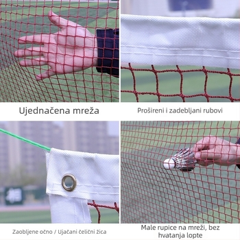 Prijenosna mreža za badminton za unutarnju i vanjsku upotrebu – standardno natjecanje i trening; veličina mreže: 1.8×1.8 cm, 2.0×2.0 cm, 2.5×2.5 cm; užad: PE/nylon; Xu Rui