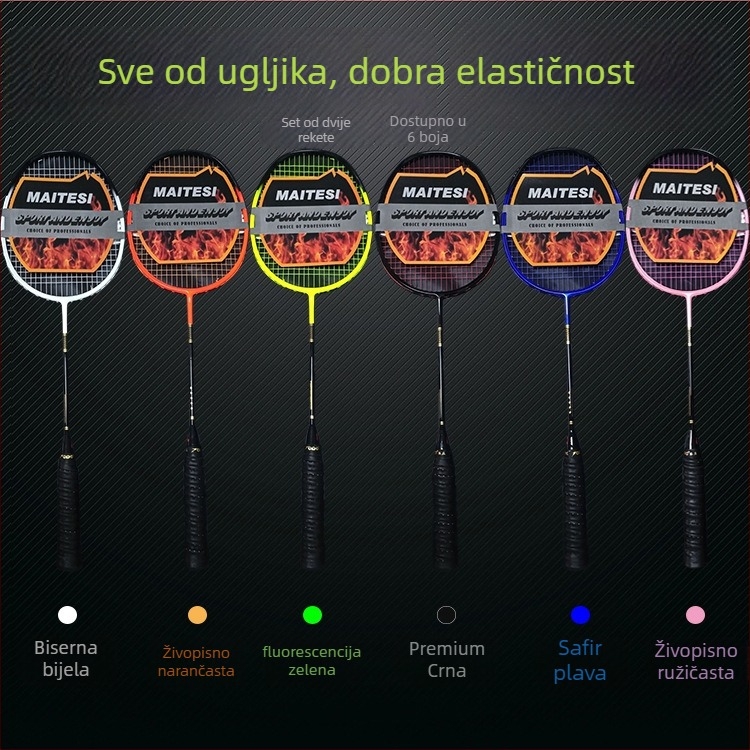 Raketa za badminton od karbonskih vlakana, ultralagana, ravna drška, težina 75–79 g, vlakna od svile
